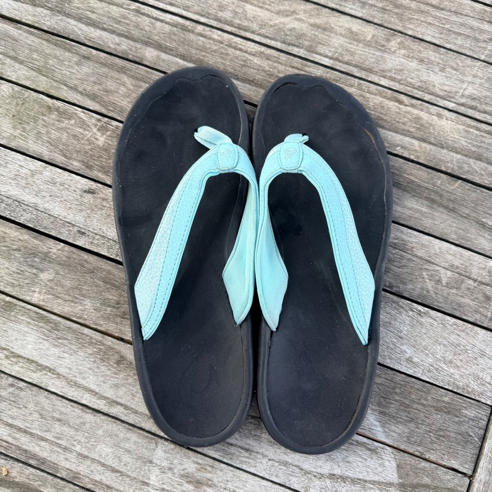 OluKai Ohana Women Black Mineral Blue Water Resistant Flip Flop Sandals Size 9